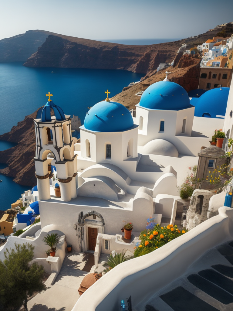 Landscape Greece Santorini, Vibrant colors, High detail, Azure sea, Mountains