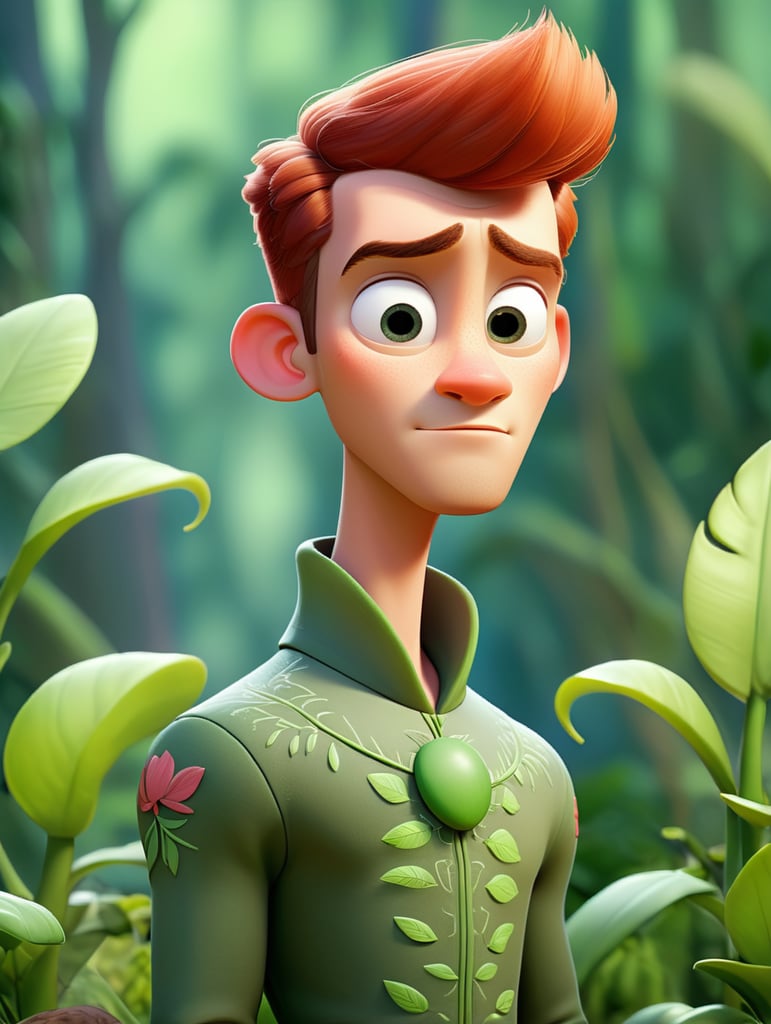 Crea al principe del reino de las plantas que vista de color verde, su nariz sea repintada, su cabello es corto y de color rojo, su piel es blanca y el es delgado y con una apariencia inocente, utiliza ropa muy femenina, la cara del principe es un pocomo femenina