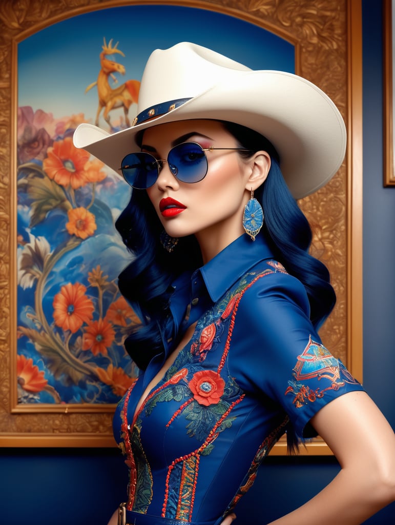 Medium-full shot, profile half body photography, in the office, a punk 80's model woman with dramatic makeup and a 50's cowboy hat, wearing a deep blue, vibrant, detailed embroidered dress, large sunglasses, 80 degree view, art by sergio lopez, natalie shau, james jean, salvador dali.