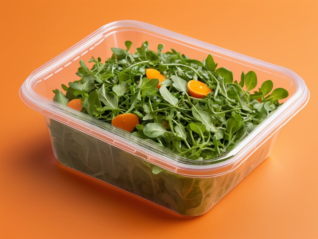 blank Transparent Plastic Container with Arugula Salad, isolated, orange background, Mockup, mock up
