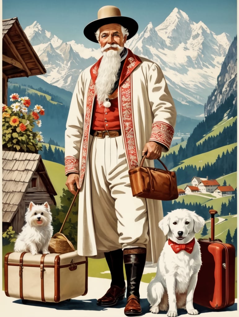 Retro poster of an old Austrian traveler with a white dog, dressed in traditional Austrian clothes, behind with things