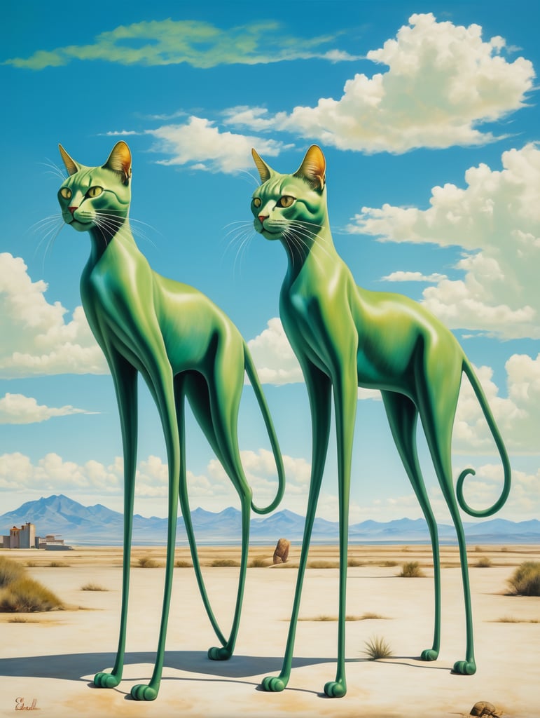 Green cats with very long, thin legs. Painted in the style of Salvador Dali. Blue sky.