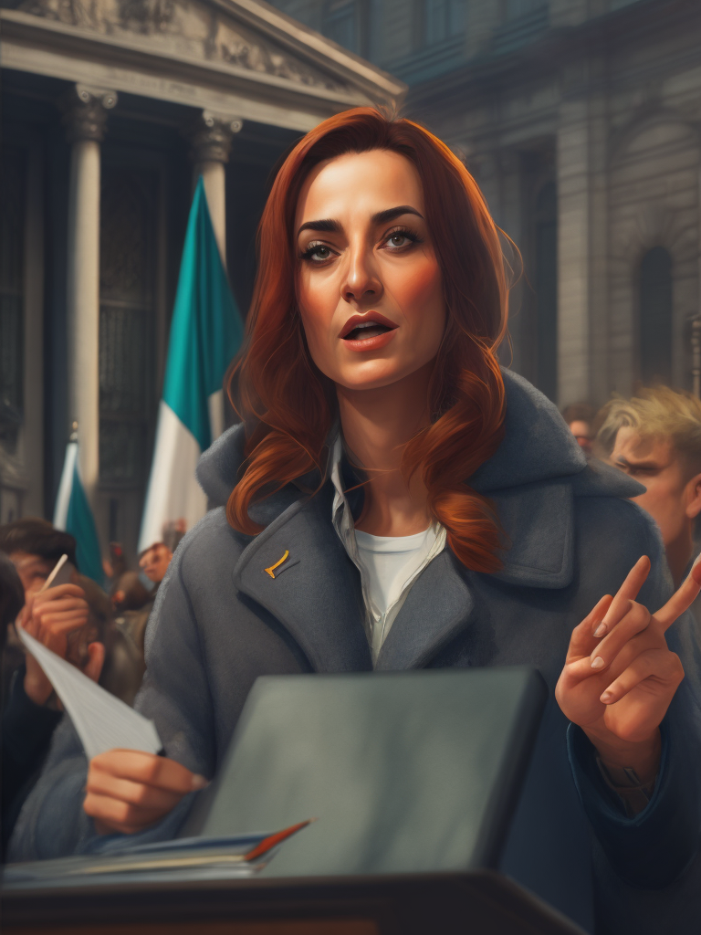 A photorealistic illustration of the Italian prime minister, Giorgia Meloni, making a speech in front of the Italian Parliament. She is speaking about the decision to leave the BRI, and the crowd is cheering in the background.