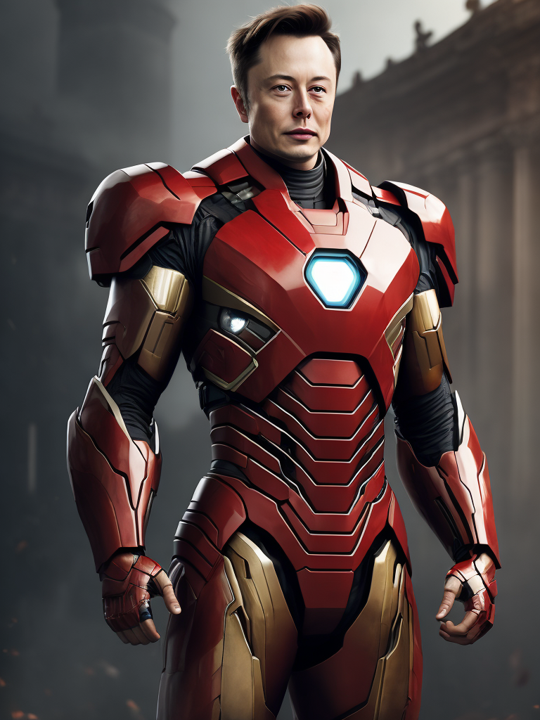 Elon Musk in the Iron Man suit from the Marvel Universe, Full body, high definition, photography, cinematic, detailed character portrait, detailed and intricate environment,