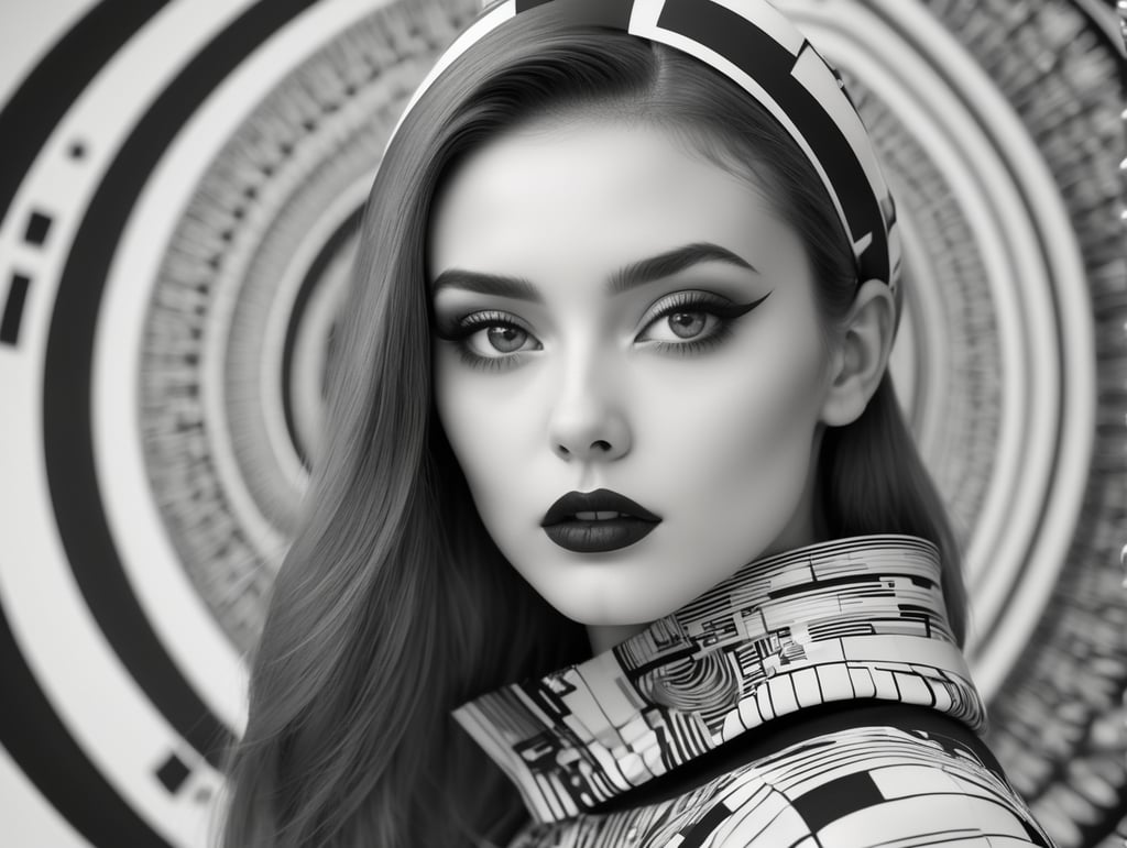 Cute girl model, retro futurist of high fashion, made in symmetrical black and white psychedelic style, black and white beauty, optical illusion, glitch art, flirty, shot on Canon