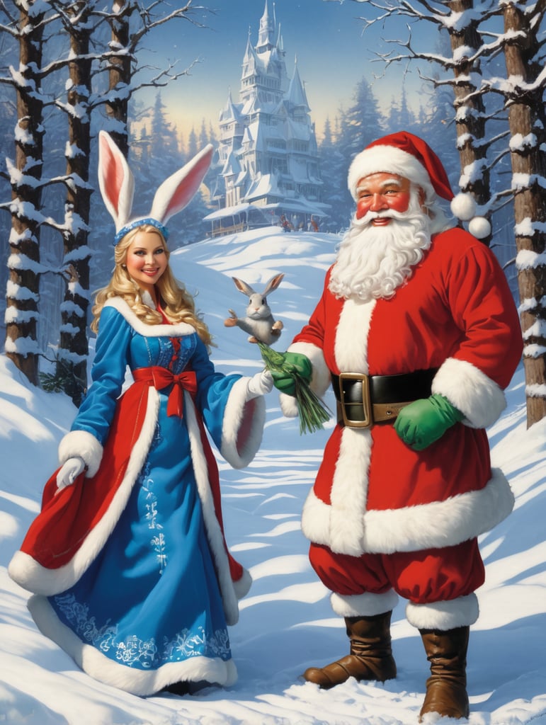 New year's card, Santa Claus and Snow Maiden, rabbit, deere, by Justin Gerard and Greg Rutkowski