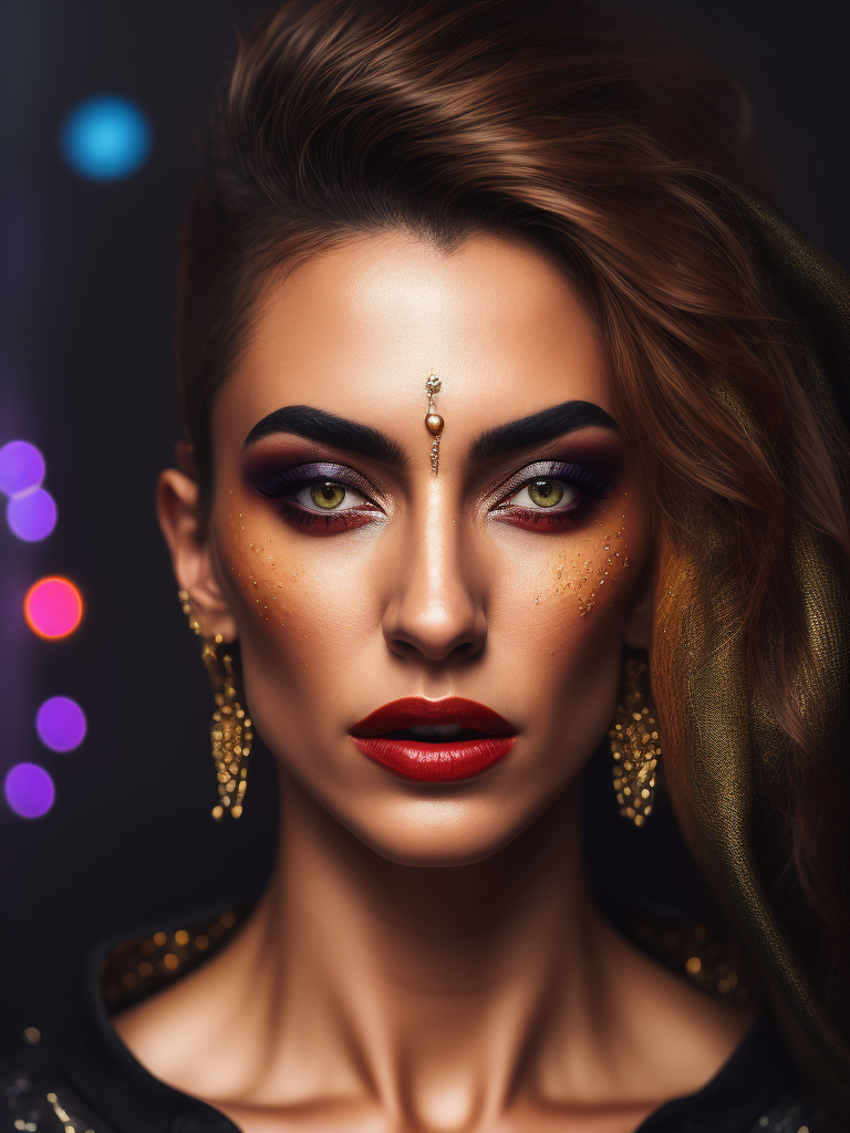 'Portrait of Yigit Özsener, bright and duotone colors, elegant, highly detailed, vogue, fashion magazine, sharp focus, bright expressive makeup, dramatic lighting, depth of field, incredibly high detailed, blurred background' painful facial expression,