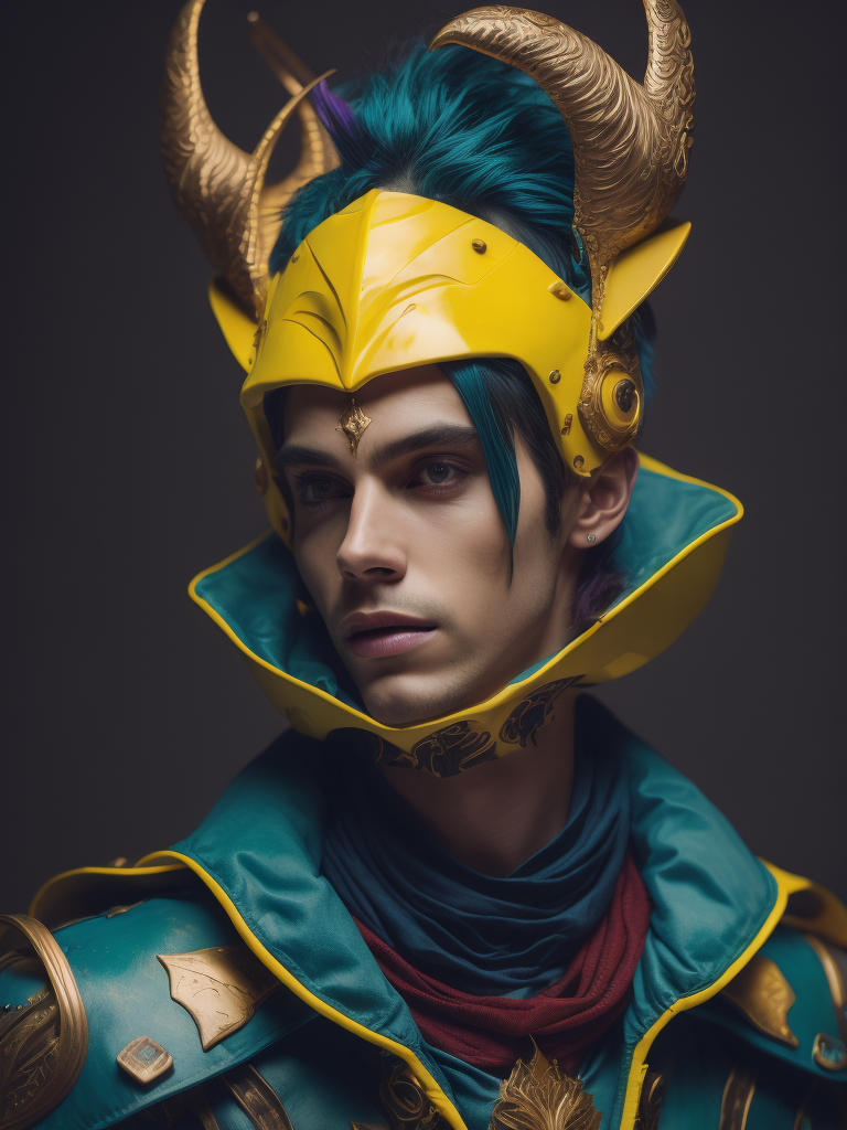 an original illustration by guy ym, in the style of vibrant color scheme, cosmic jester, teal and yellow, stylish costume design, multidimensional layering, duckcore, neon color palette