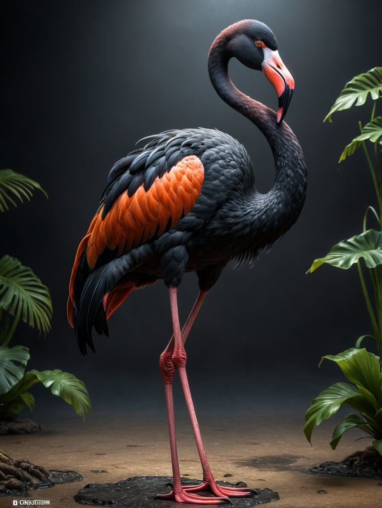 standing on (((one bent leg))), one black flamingo