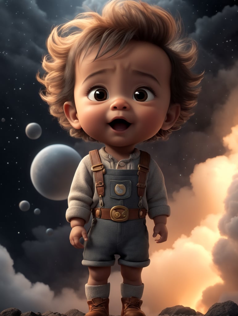a young baby sleeps above a cloud, big eyes, small nose, and a smiling mouth, standing centered in 3D style, rendered using beautiful Disney animation, Pixar style, Disney style, 3D style