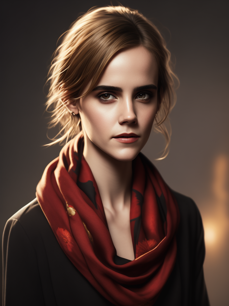 Portrait of Emma Watson wearing black blouse with red scarf, ultra realistic