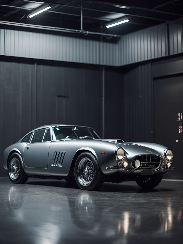 A realistic photo of ferrari 250 gt berlinetta (1956) silver in a showcase garage, reflections on the black metallic silver floor, mirrored walls in the background, black lighting, cinematic, 8k, black lighting