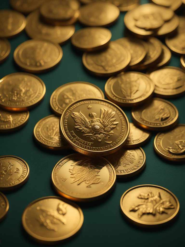gold coins pile on green table, bright and saturated colors, elegant, highly detailed, vogue, fashion magazine, sharp focus, bright expressive makeup, dramatic lighting, depth of field, incredibly high detailed, blurred background'