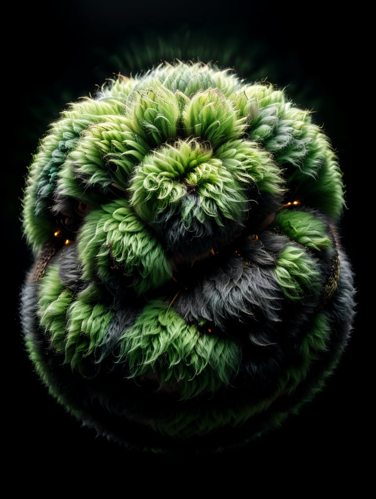 green fluffy ball, isolated, black background