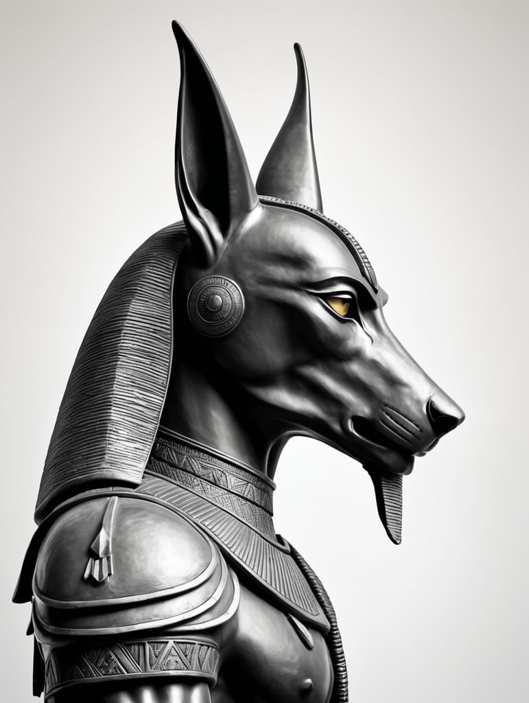 Anubis statue. Side view. Long nose. Upper body and head. Torso. Head. Egyptian warrior. mysterious. Majestic. Solemn. White background. Strong eyes. Grey skin. Black and grey and white image