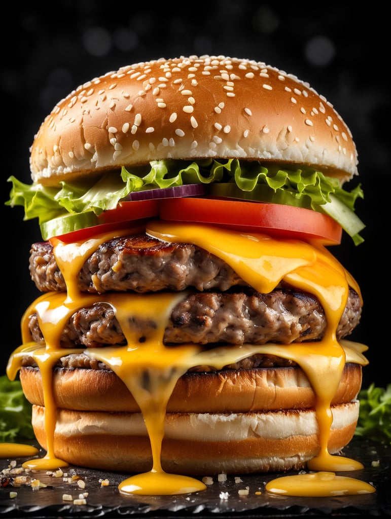 appetizing burger with leaking cheese on black background