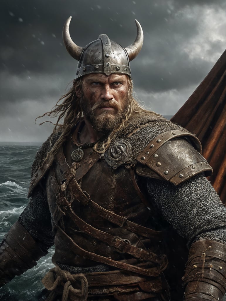 A concept art portrait of viking warrior at the boat in the ocean, stormy and gloomy weather