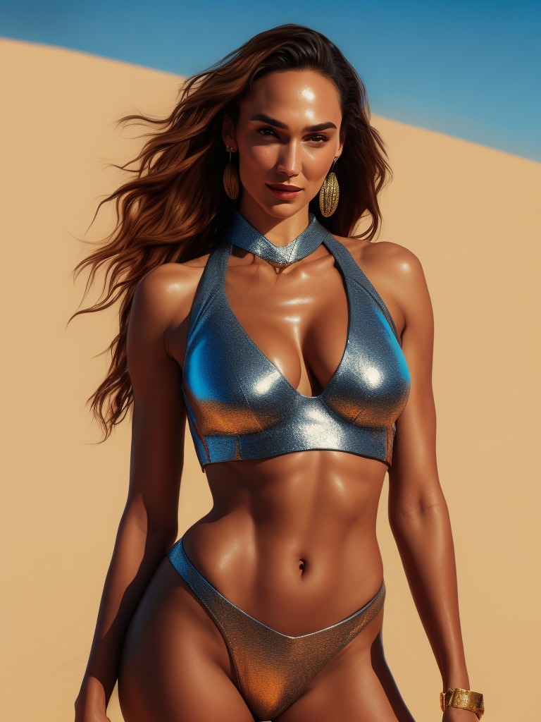 Portrait of gal gadot, swimsuit, bright and saturated colors, elegant, highly detailed, vogue, fashion magazine, sharp focus, Depth of field, Incredibly high detailed, against the backdrop of beach,
