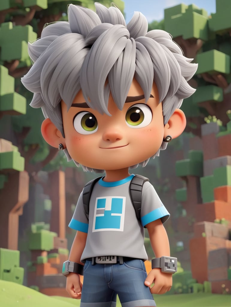 A Minecraft skin of a little boy with a gray t-shirt and a bracelet with gray hair