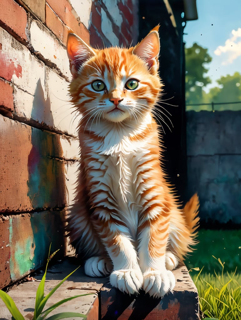 Ginger kitten sitting on top of a brick wall with a lawn underneath.