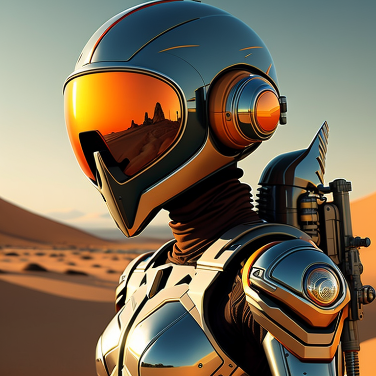 Cyber girl wearing chrome helmet, shining reflections, walking in the desert, photorealistic, hyperdetailed, dune atmosphere
