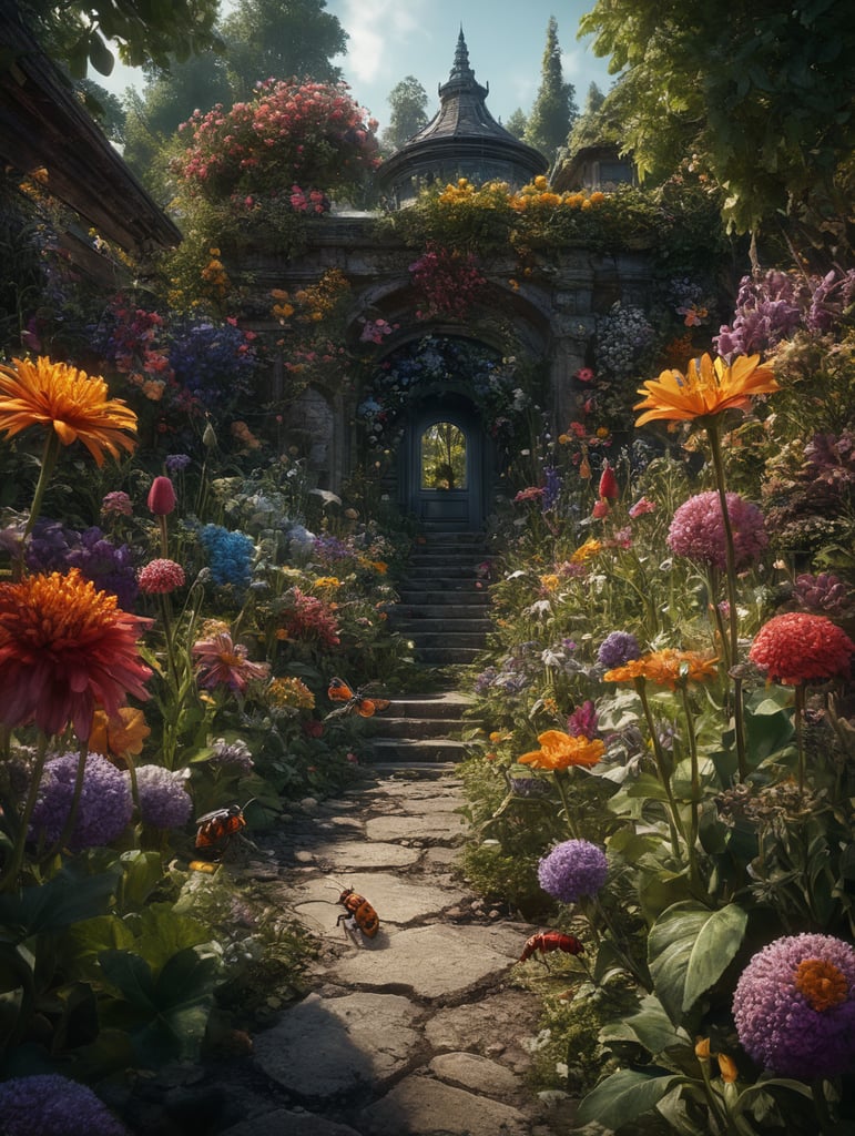 Colorful gardon scene with flowers and bugs