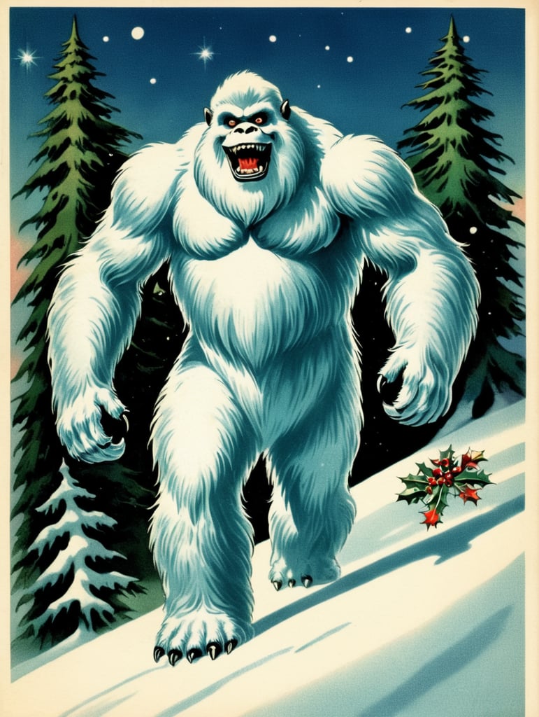 Yeti, Abominable Snowman, vintage Christmas postcard illustration