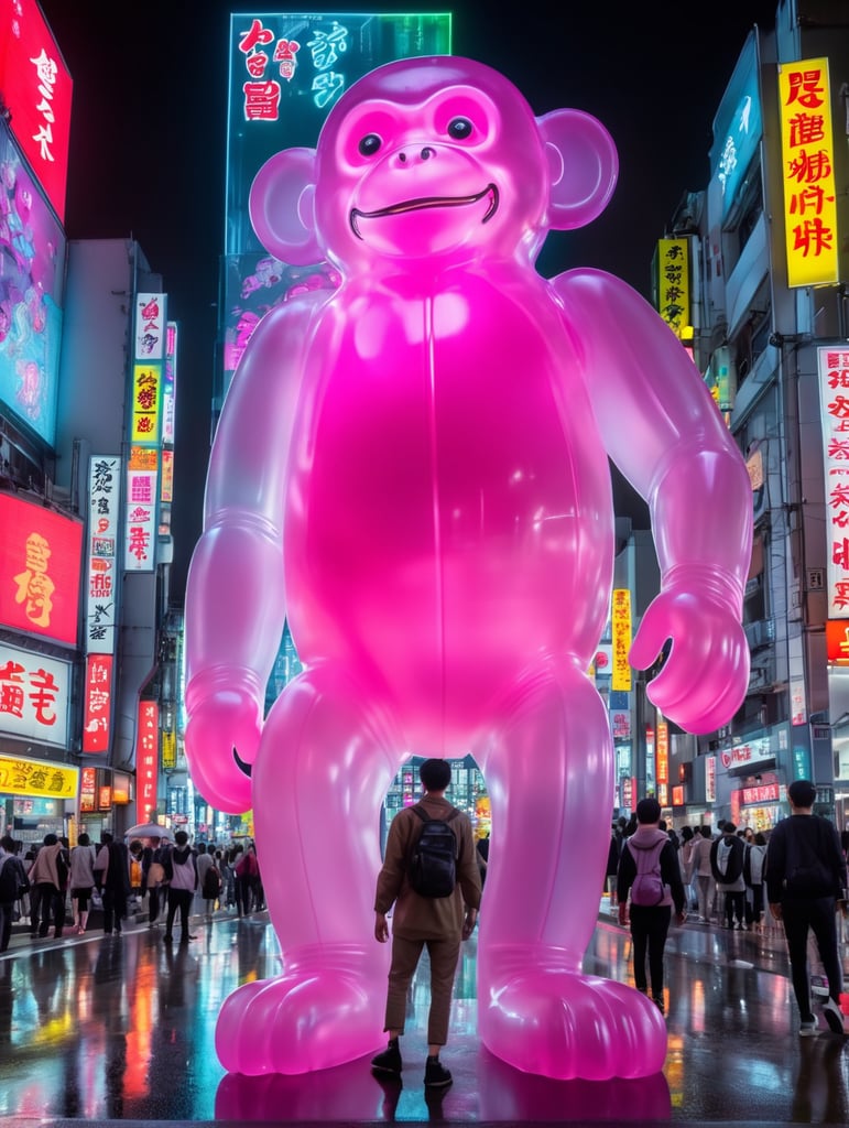 Giant Japanese gummy monkey, translucent, four-story, walks through Tokyo at night, neon rainy city, cyberpunk, techno city.