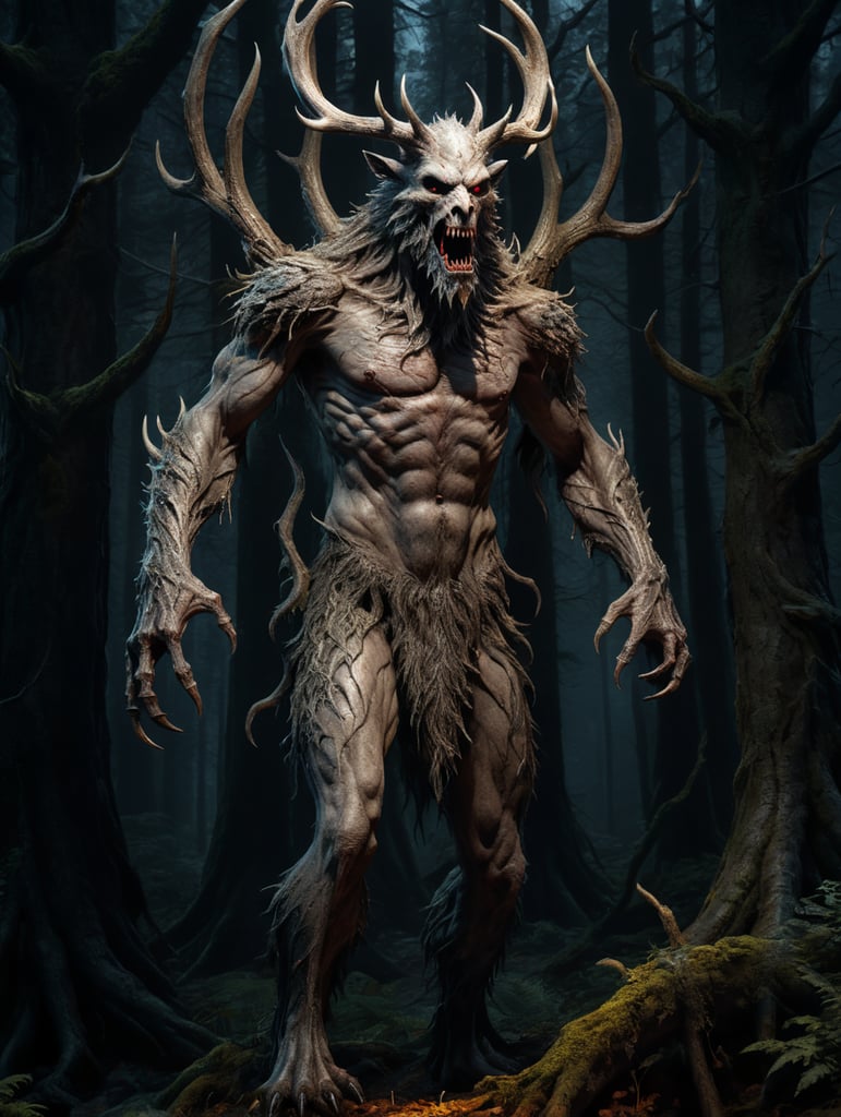 Horror movie creature, wendigo, dark forest background