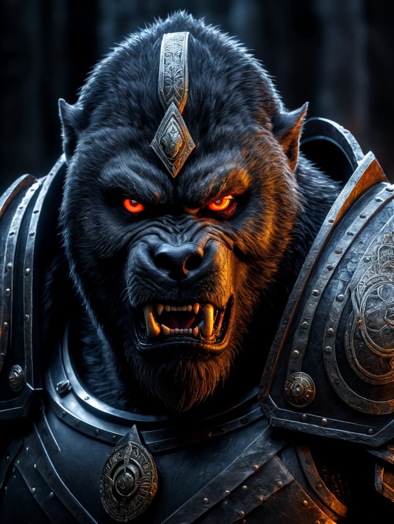 Silverback werewolf assassin wearing armor with glowing eyes