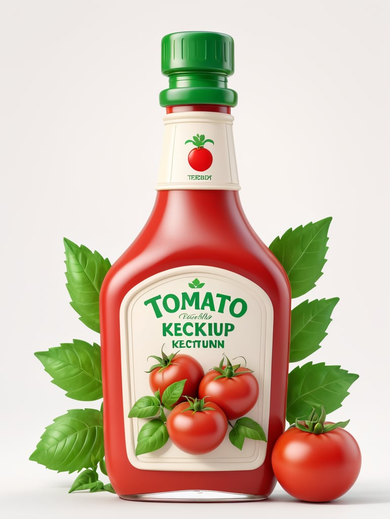tomato ketchup bottle, red tomato with green leaves, isolated, white background