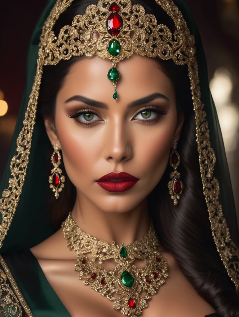 Deeply tanned woman with green eyes and full, red lips wearing a black veil and an ornate gold metal and diamond headpiece and necklace in a dark, moody setting wearing a red, deep v-neck dress