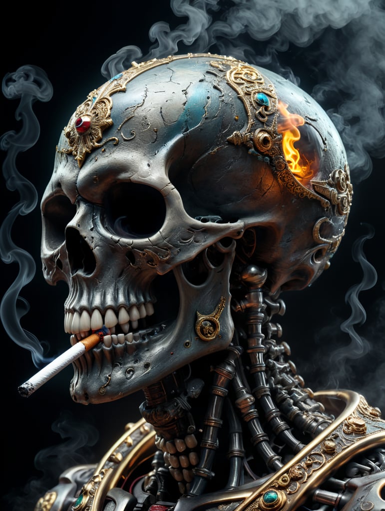 futuristic scull smoking a cigarette