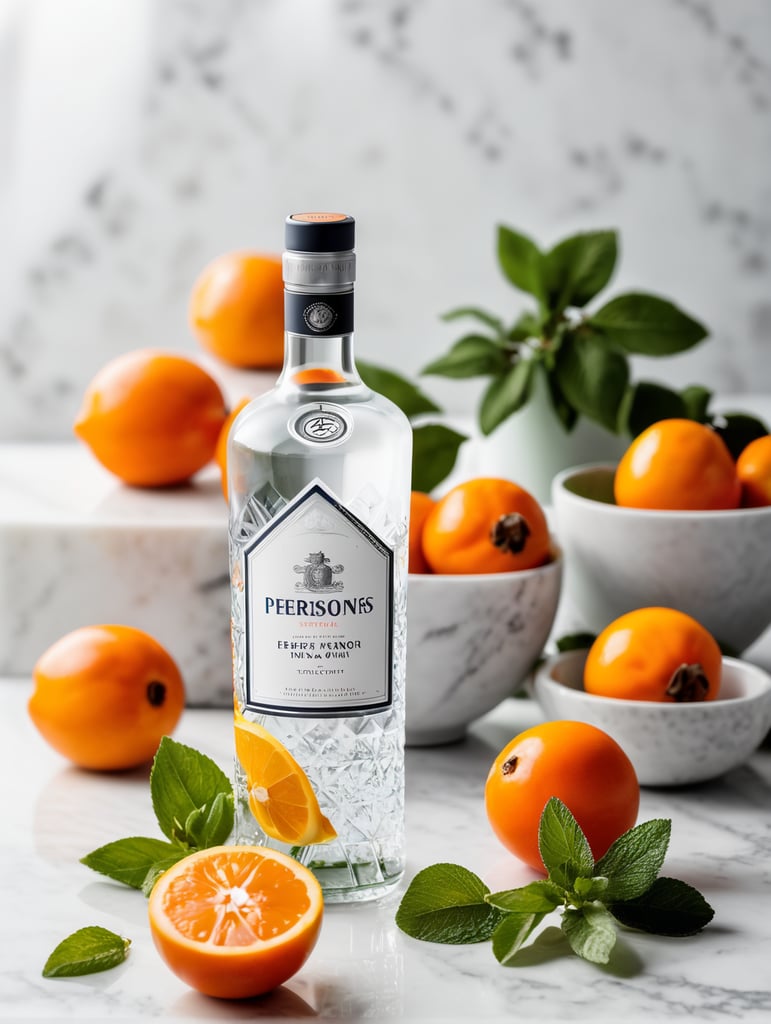 professional photo of a gin bottle on a white marble table surrounded by lemons, persimmons and mint, natural light