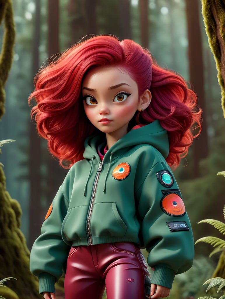 A young beautiful girl in futurestic HOODY jacket and pants and red hair against the backdrop of a alien space forest in red-burgundy tones, blurred background, focus on the girl, detailed cloth, Dramatic Lighting, Depth of field, Incredibly high detailed shoes make from dark slime, venom, sci-fi, alien, deep atmosphere, dark, saturation, vibrance, sharp bright and saturated colors, elegant, highly detailed, vogue, fashion magazine,