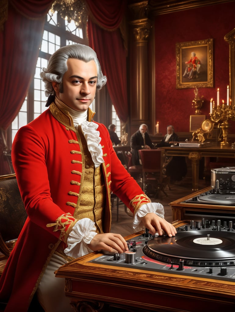 Wolfgang Amadeus Mozart in a 18th century red suit making music on a DJ table, Against the background of the interior of the palace full of guests, studio photo, professional photo, Bright and rich colors, Detailed image, detailed face,