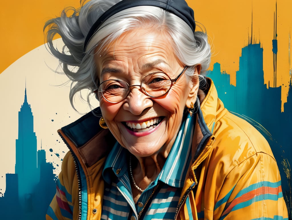 Smiling and cheerful old lady in a striped jacket on an isolated yellow background