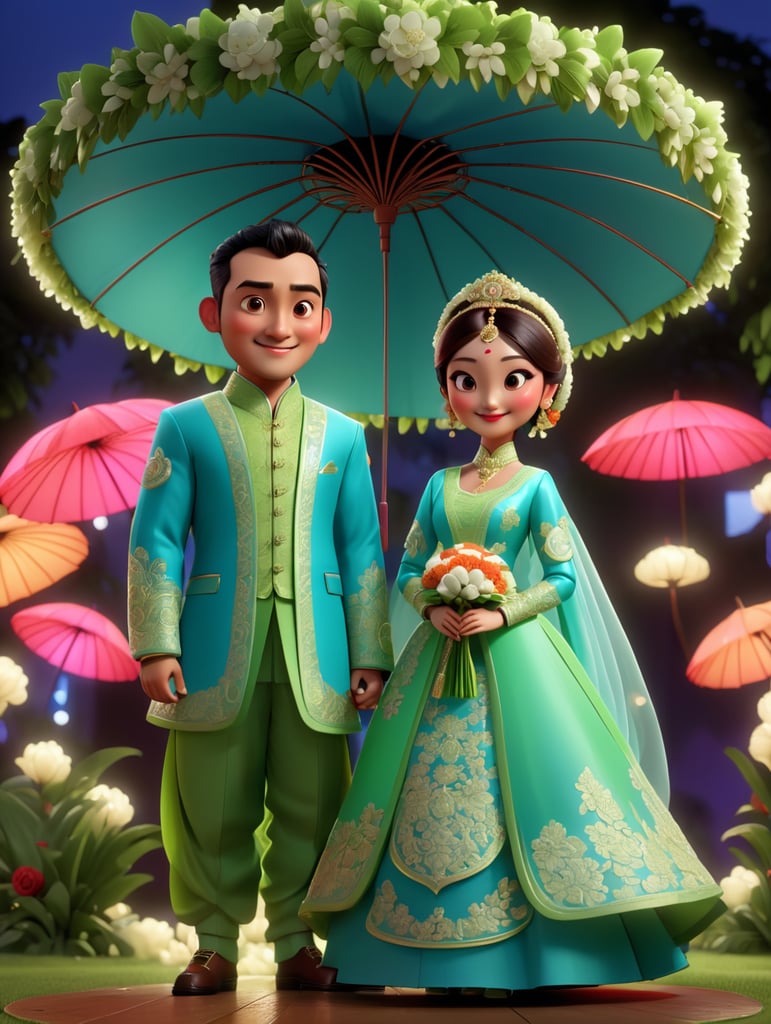 "Create a 3D realistic render of character wedding function male & female wear traditional dress. inner of decor wedding stage fully covered flowers, umbrella, neon lights, leaves.etc