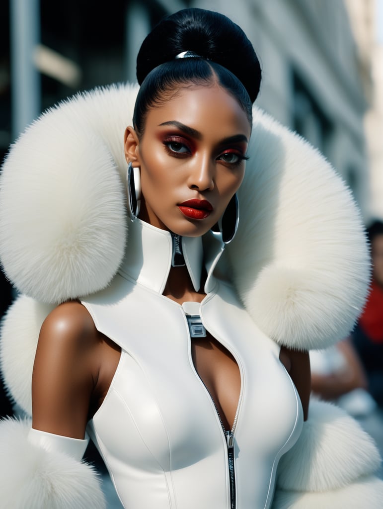 Donyale luna, model, 8k resolution, hyper realistic, day, 35mm film, editorial, high fashion, 2023, off white by virgil abloh