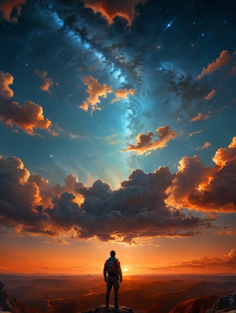 person looking at the magical orange blue sky with stars