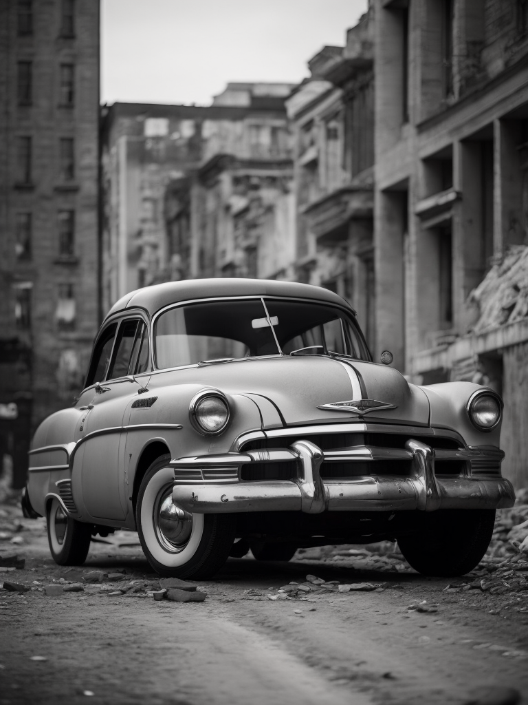 black and white photo of a 1952 Gray Chevrolet goes through bombed city, world war 2