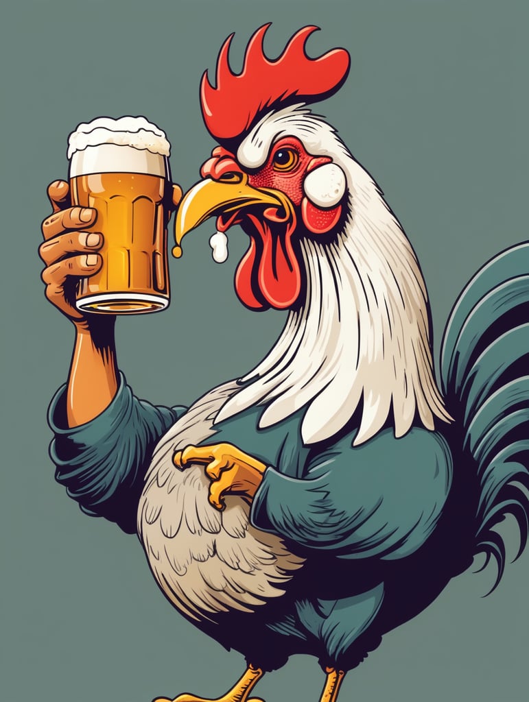 Cartoon rooster chugging a beer