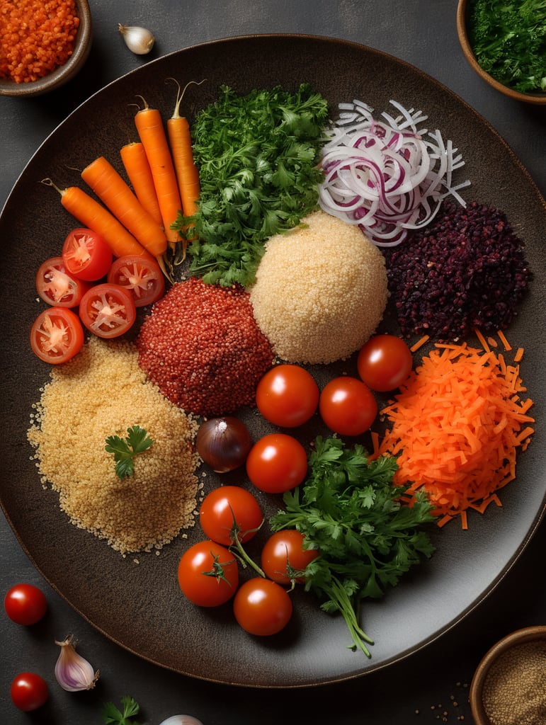 top view of a plate with quinoa with Dried Vegetables (Carrots, Onions, Tomatoes), Garlic, Parsley, and spices