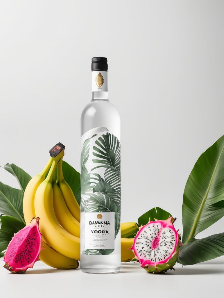 Packaging and branding for a banana vodka brand as if it had been designed by HI ESTUDIO with In a set design with banana, dragon fruit and dry banana leaves.