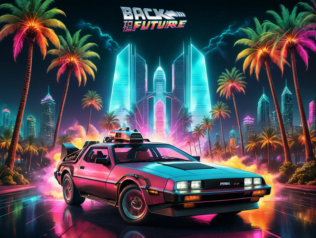 80's Back To The Future style retro party poster background with palm trees, trans am, city skyscapers, neon vibrant colours, synthwave, disco vibes,