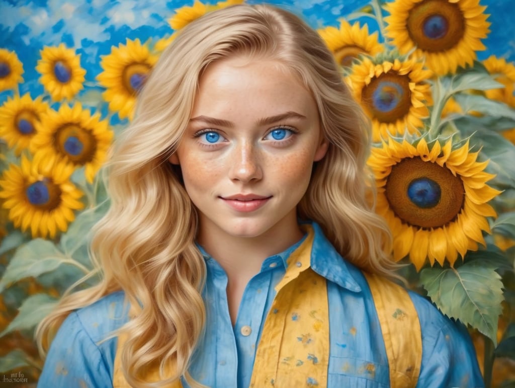 Mujer joven rubia un poco ondulada, ojos azules y pecas. vestida cotagge. Que predomine el amarillo y el azul, que se note alegre y fan de van gogh y monet. Ahora hazla pintando un cuadro impresionista sobre girasoles y que se vea como que ha pintado mucho