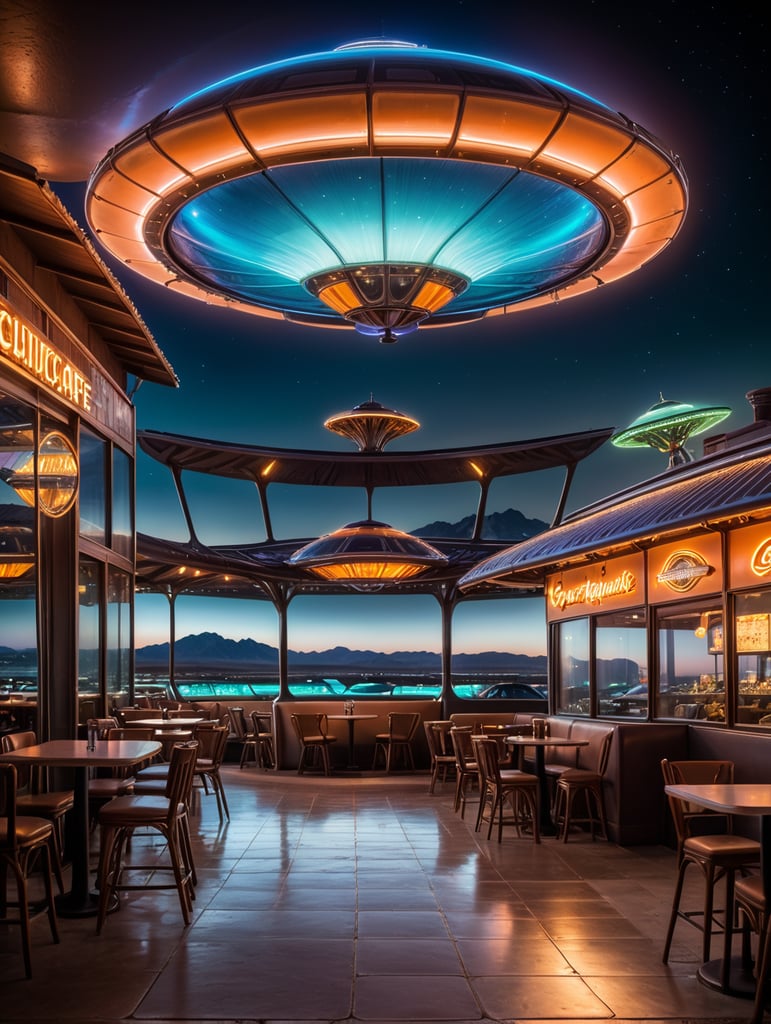 futuristic ufo cafe, desert, an night, neon, glass