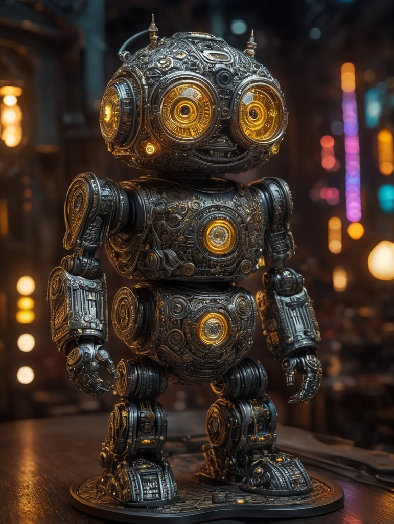 ultra intricate and insanely detailed greebles(microfine details) Adorable robot figurine designed by Kidrobot and Naoto Hattori, luminous circuit board pattern accents, futuristic cyberpunk city environment inspired by Chris Cunningham and Elsa Bleda and Brandon Woelfel and Liam Wong, ultra-sharp intricate details, dynamic composition, unusual angle, glowing neon lighting, bokeh, 500 mp uhd, cinematic, cute --q 5