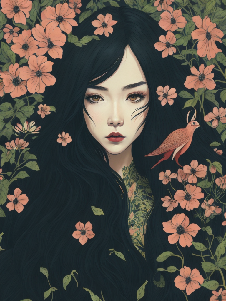 beautiful cute front portrait Korean ninfa, big long curly hair, herbs pastel colors, next to a green tree with green leabs, fliying yellow birds, flowers red by victo ngai, kilian eng, dynamic lighting, digital art, art by takato yamamoto,8K Akira Style design