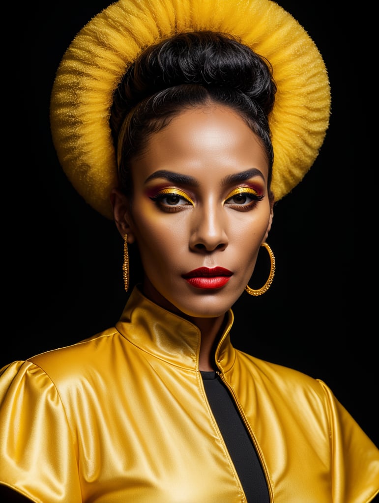 Donyale luna, avant-garde, simplygo, photoshoot spread, dressed in all yellow, black background, harpers bizarre, cover, headshot, hyper realistic